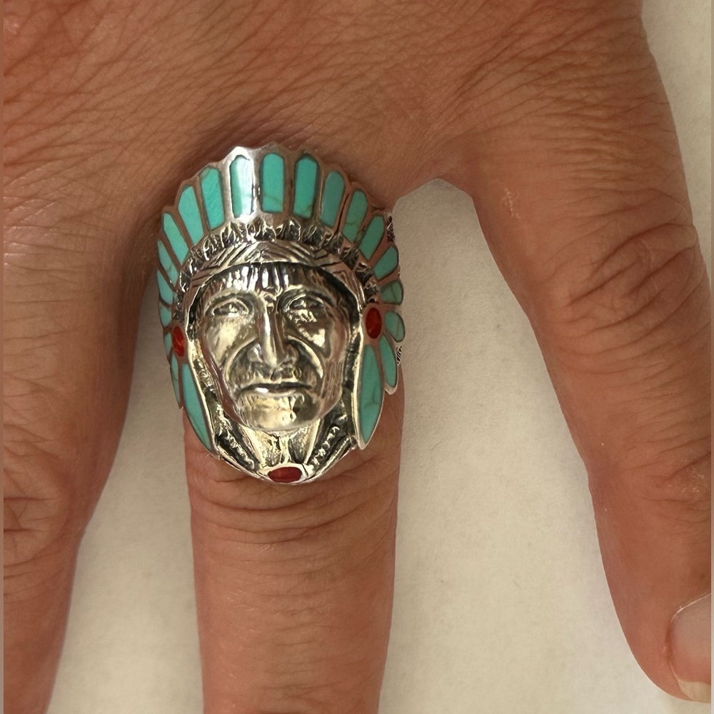 925 Silver 10 size Native American Indian Chief Warrior Ring